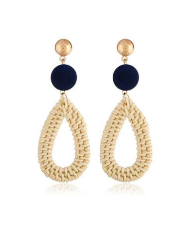 WOMEN'S BAMBOO WOODEN STRAW TRIANGLE LONG DROP EARRING